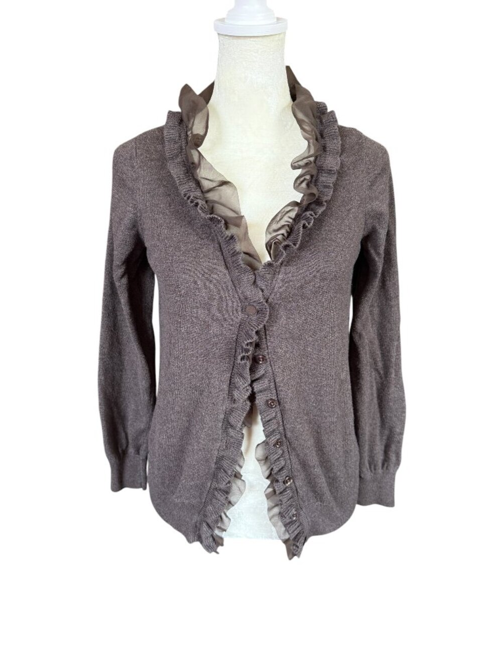 Ann Taylor women's brown long sleeve button down sweater chiffon trim size M